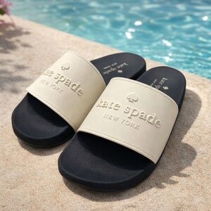 Kate Spade Logo Slide Sandals Size 10 Off White Black Pool Beach NWOB